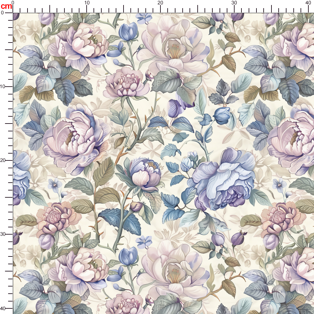 Noble and Cool - Toned Floral Design with Blooming Light Blue-Purple and Soft Red Flowers Fabric – Custom Print Fabrics