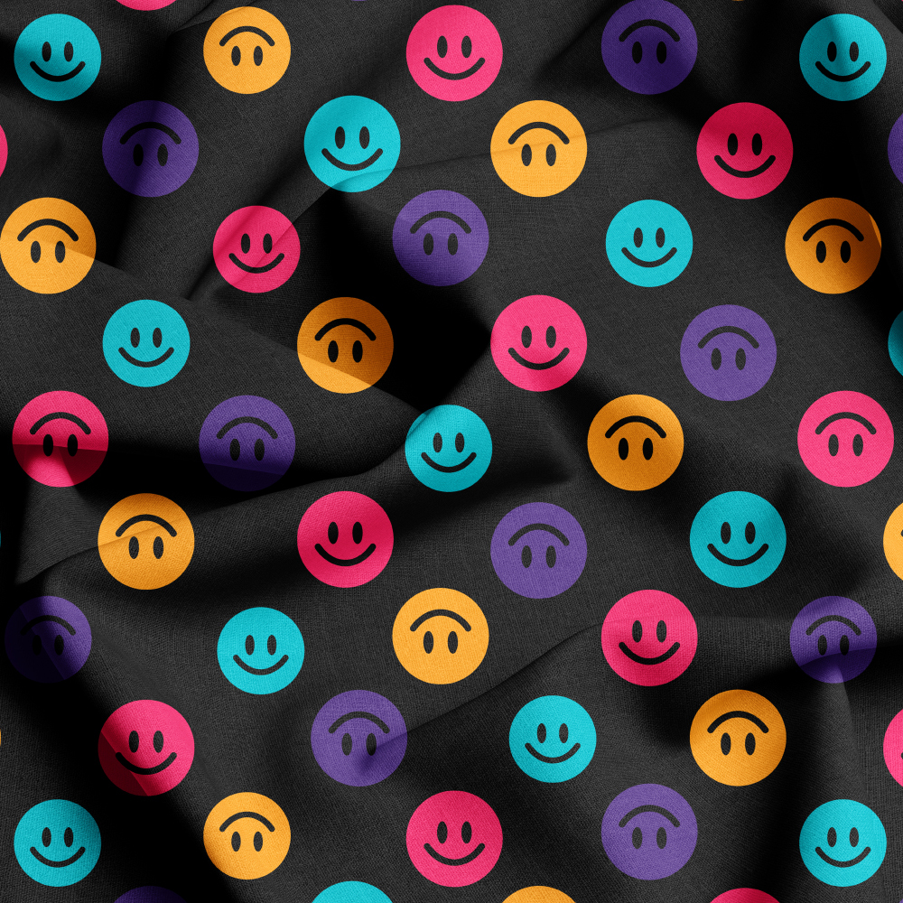 Fabric with Seamless Colorful Cute Smiling Faces And Black Background, Custom Design by Prinstitch