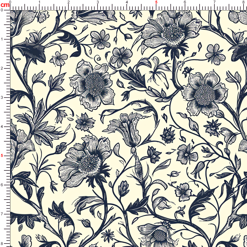 William Morris-Inspired Abstract Vintage Monochrome Flowers and Leaves Pattern Fabric – Custom Print Fabrics
