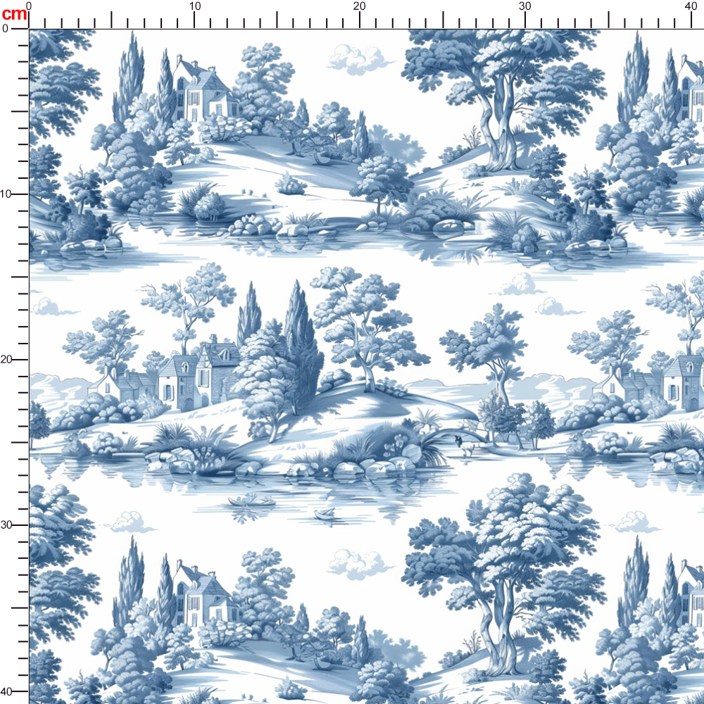 Vintage Blue Floral Fabric – Shimmering Lake with Reflections of Houses - Trees - and Boats | Custom Print Fabrics