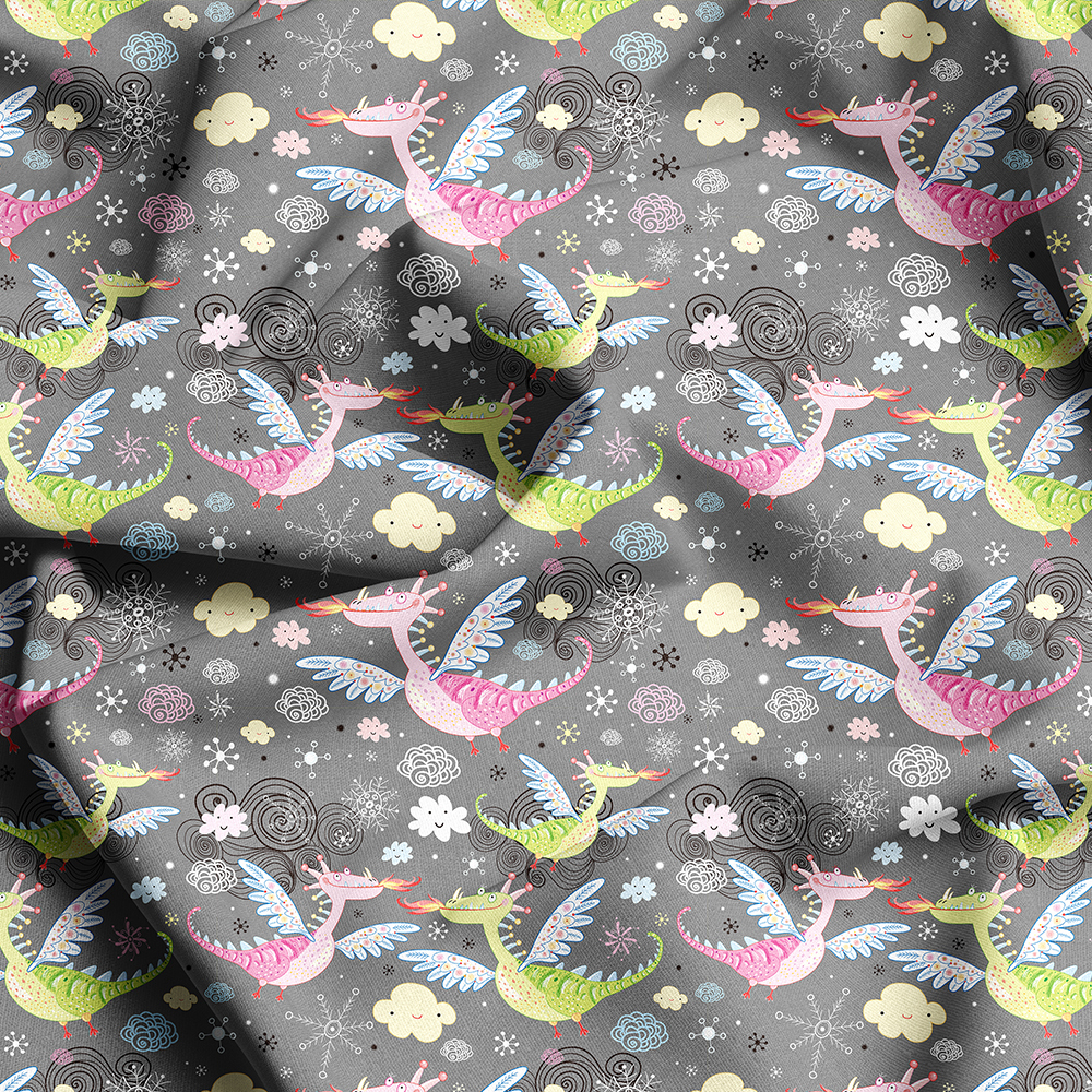 Seamless Repeat Cartoon Fly Dragon Prints, Print On Demand for Custom Fabrics