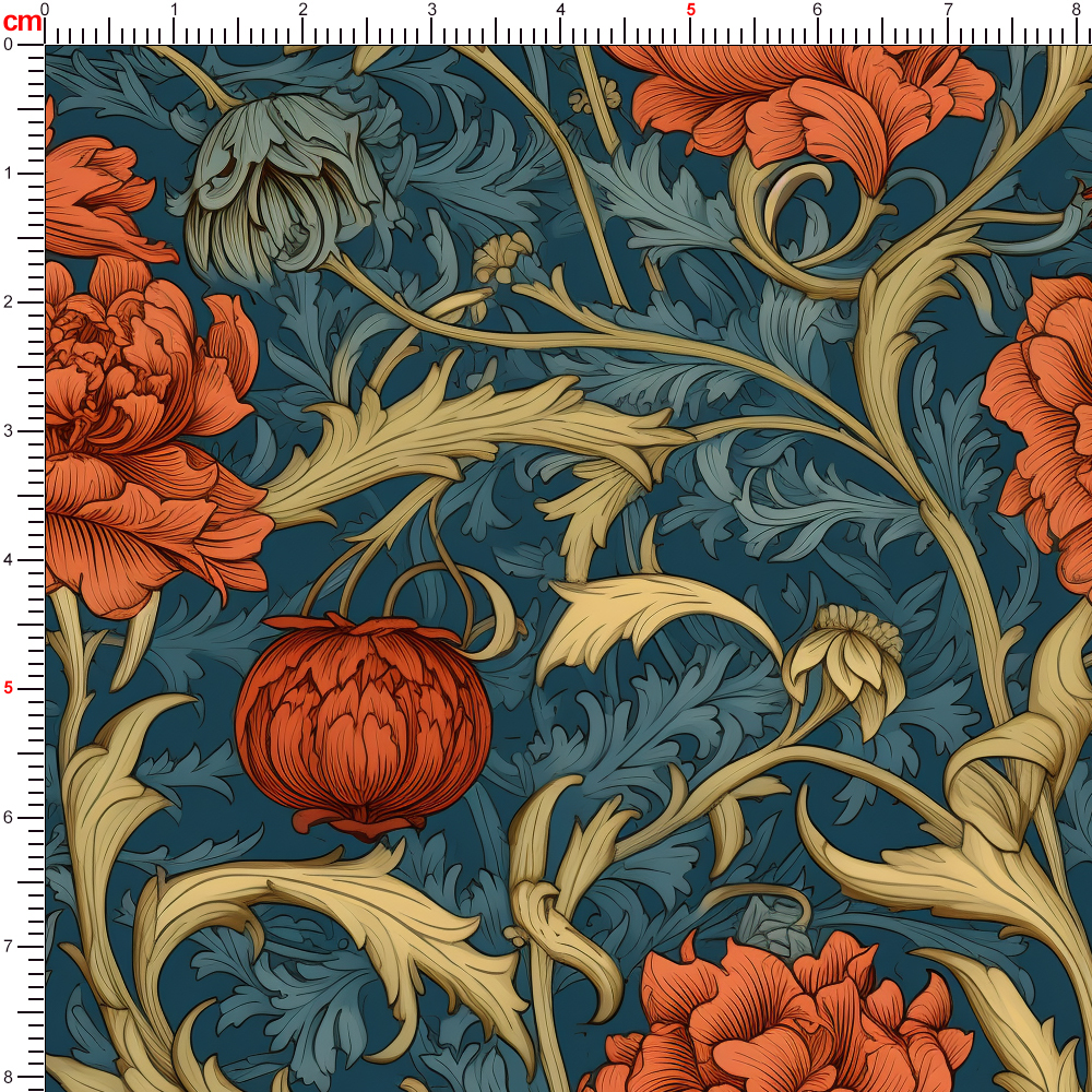 William Morris Beautiful Liberty Floral Pattern with Lush Orange Blossoms, Golden Yellow, and Blue Foliage Fabric – Custom Print Fabrics