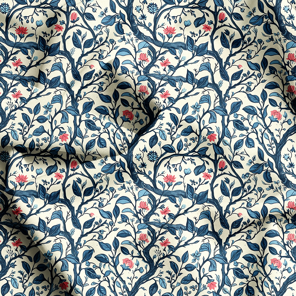 William Morris-Inspired Curved Tree Branch with Fantastic Liberty Flower and Leaves – Custom Print Fabrics