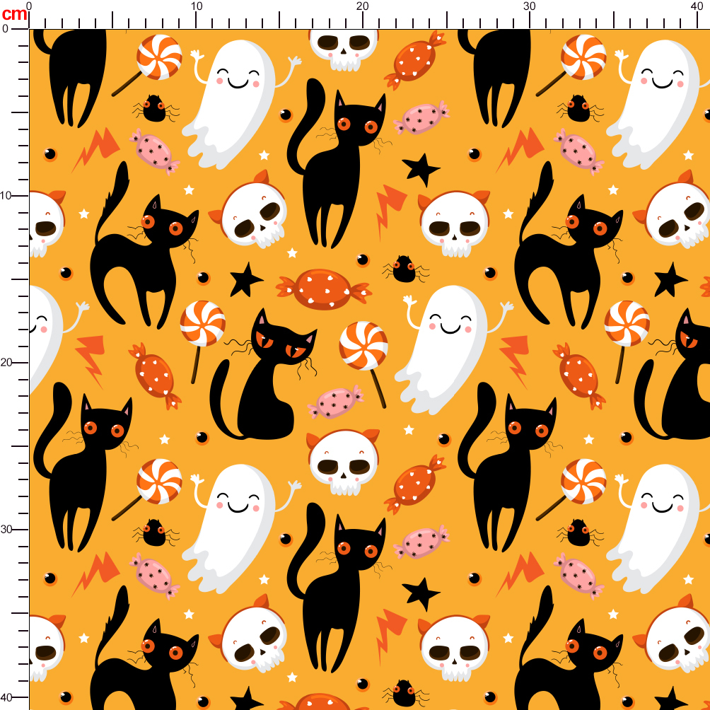 Halloween Pattern With Cute Black Cats Candy and Ghost - Custom Print Fabrics