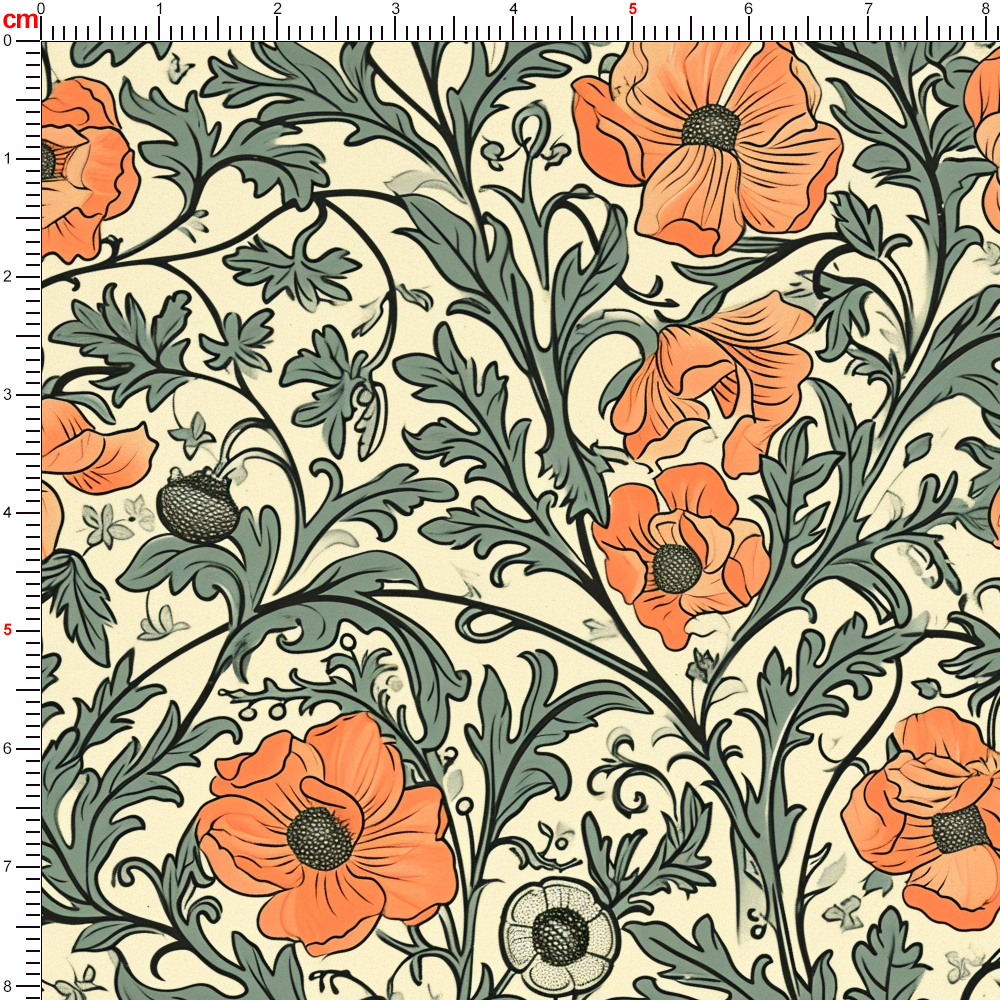 William Morris-Inspired Vibrant Orange Liberty Blossoms with Lush Green Leaves Pattern Fabric – Custom Print Fabrics