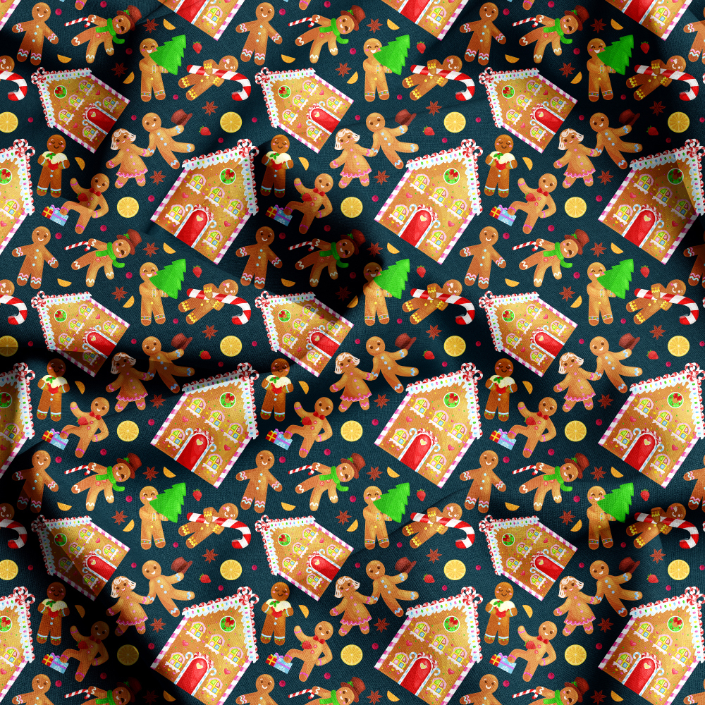 Cartoon Print Fabrics with Christmas Gingerbread House Man, Custom Repeat Designs for Every Application