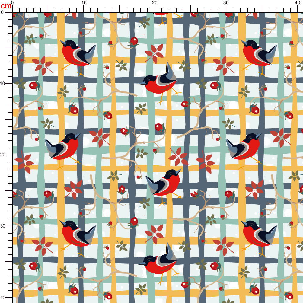 Seamless Pattern Funny Little Red Bullfinch Bird On a Hand - drawn Grid - Custom Print Fabrics