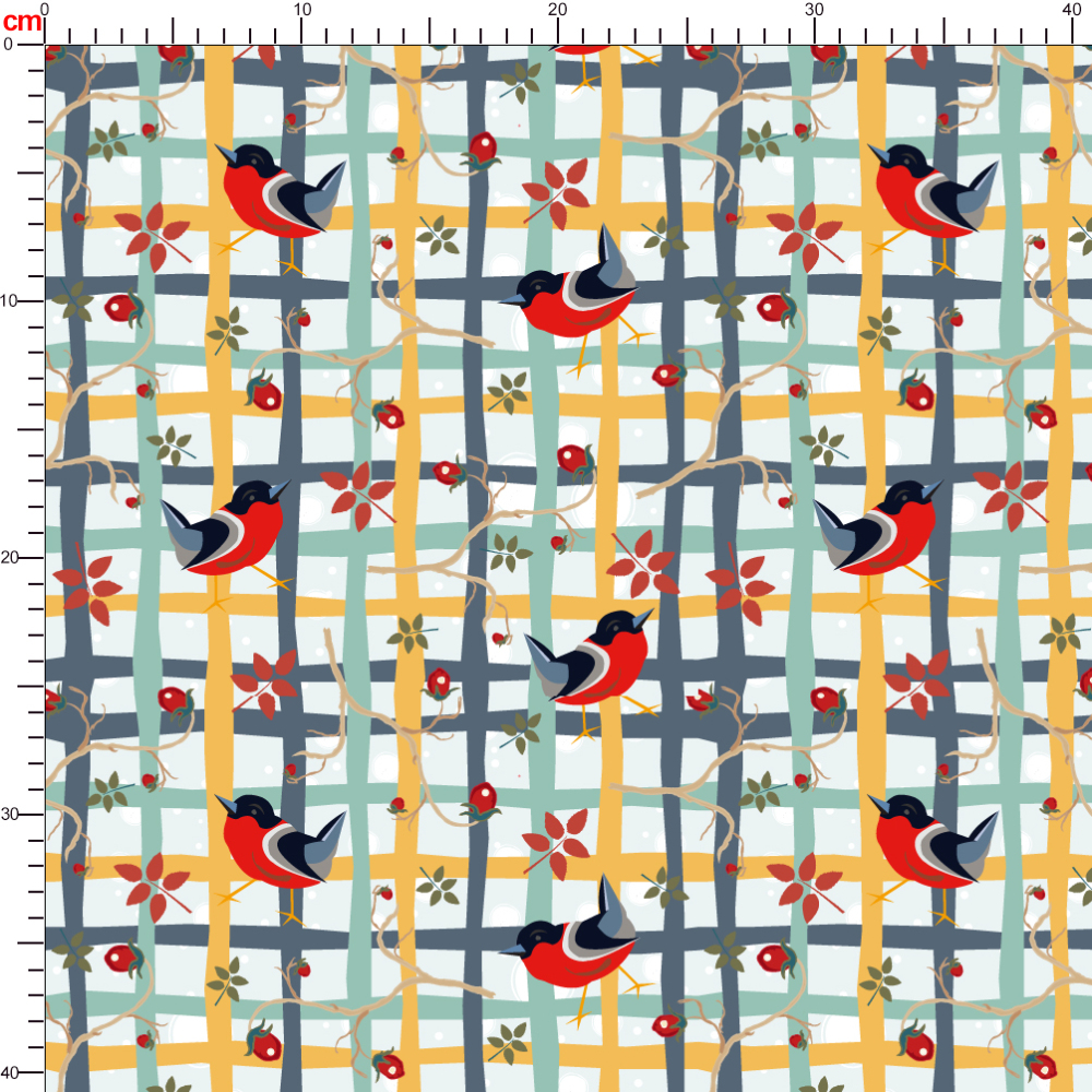 Seamless Pattern Funny Little Red Bullfinch Bird On a Hand - drawn Grid - Custom Print Fabrics