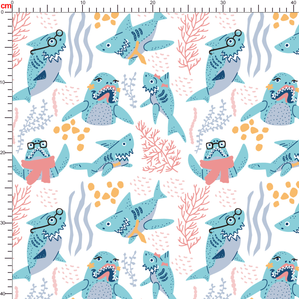 Cute Cartoon Graffiti Sharks With Glasses Fabric - Custom Print Fabrics