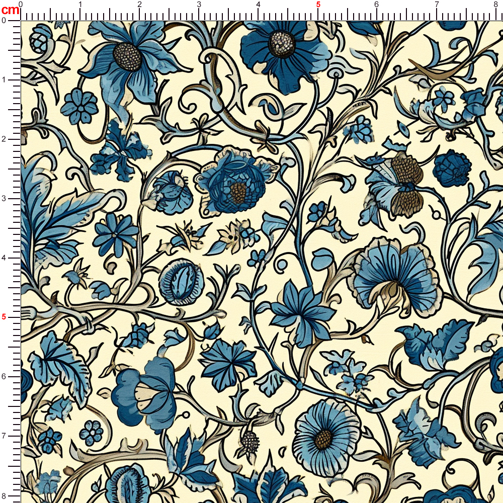 William Morris-Inspired Chinoiserie Curved Vine with Blue Blooming Liberty Flowers Pattern Fabric – Custom Print Fabrics