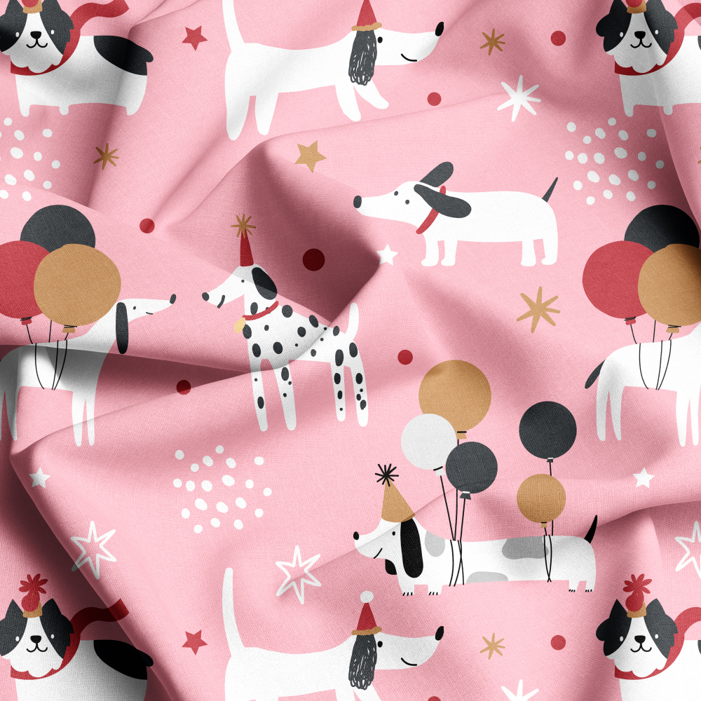 Puppy Dogs Flying Balloon on Pink Background Fabric - Custom Print Fabrics