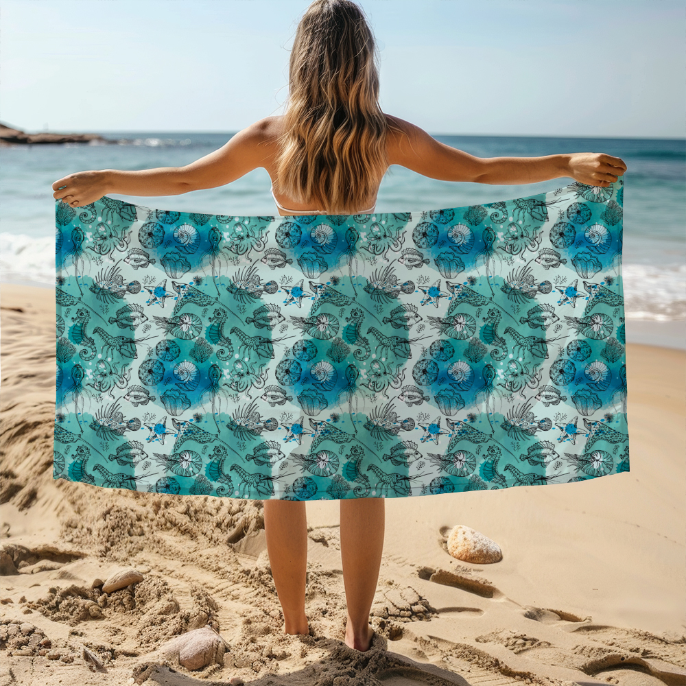 Beach Towel – Sea Life Pattern With Watercolor Deepwater Living Organisms