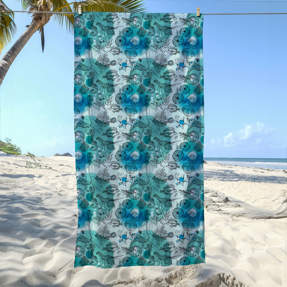 Beach Towel – Sea Life Pattern With Watercolor Deepwater Living Organisms