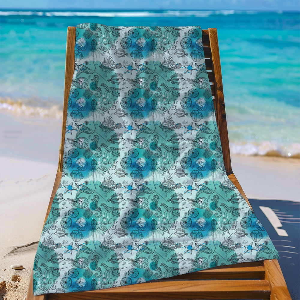 Beach Towel – Sea Life Pattern With Watercolor Deepwater Living Organisms