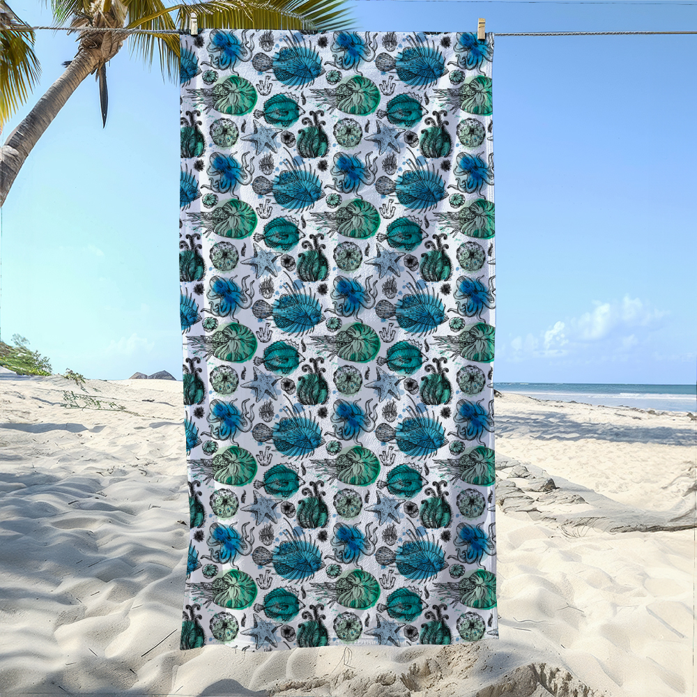 Beach Towel – Watercolor Marine Organism Pattern