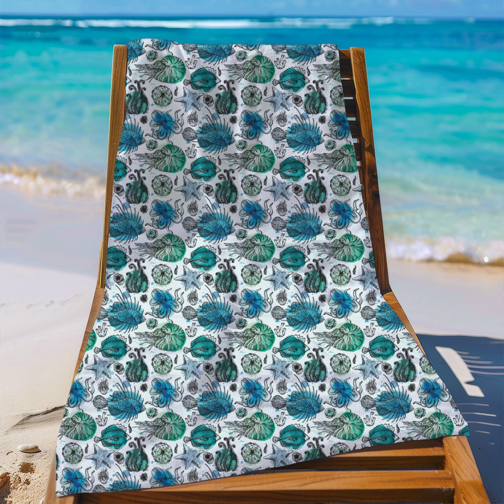 Beach Towel – Watercolor Marine Organism Pattern