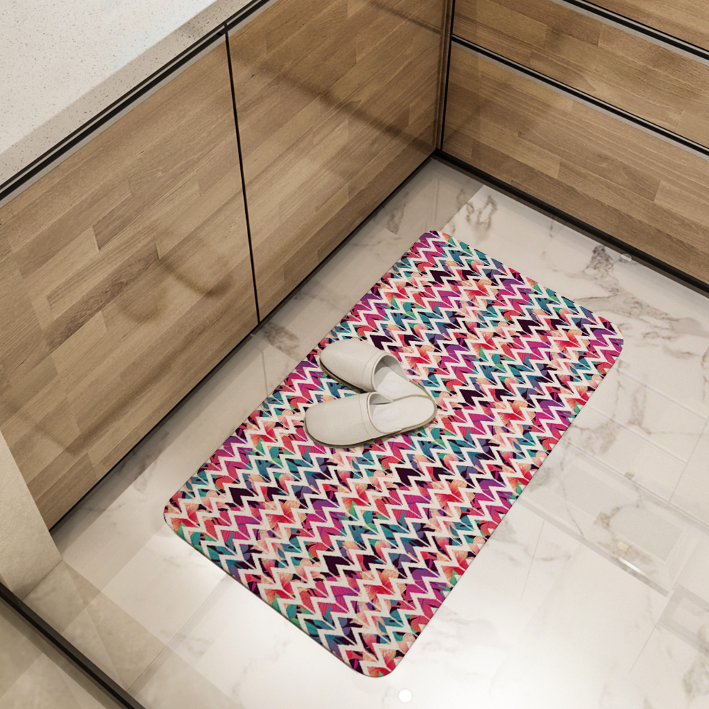 Kitchen Floor Mats – Colorful Geometric Patterns with Floral Leave Background