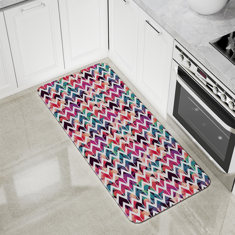 Kitchen Floor Mats – Colorful Geometric Patterns with Floral Leave Background