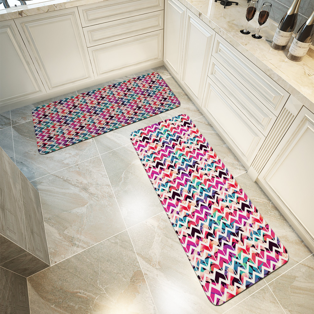 Kitchen Floor Mats – Colorful Geometric Patterns with Floral Leave Background