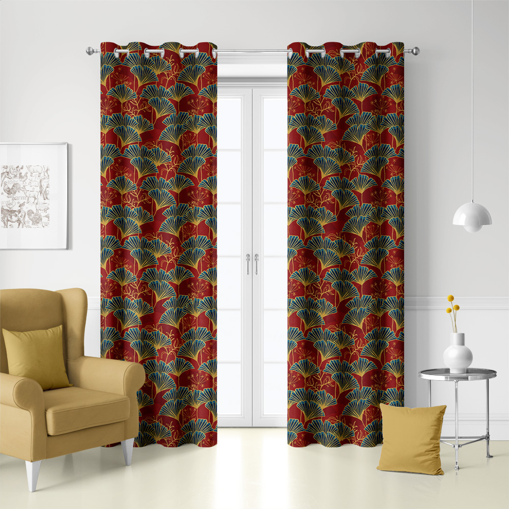 Curtain – Blue Ginkgo Leaves with Gold Outline on Red Background
