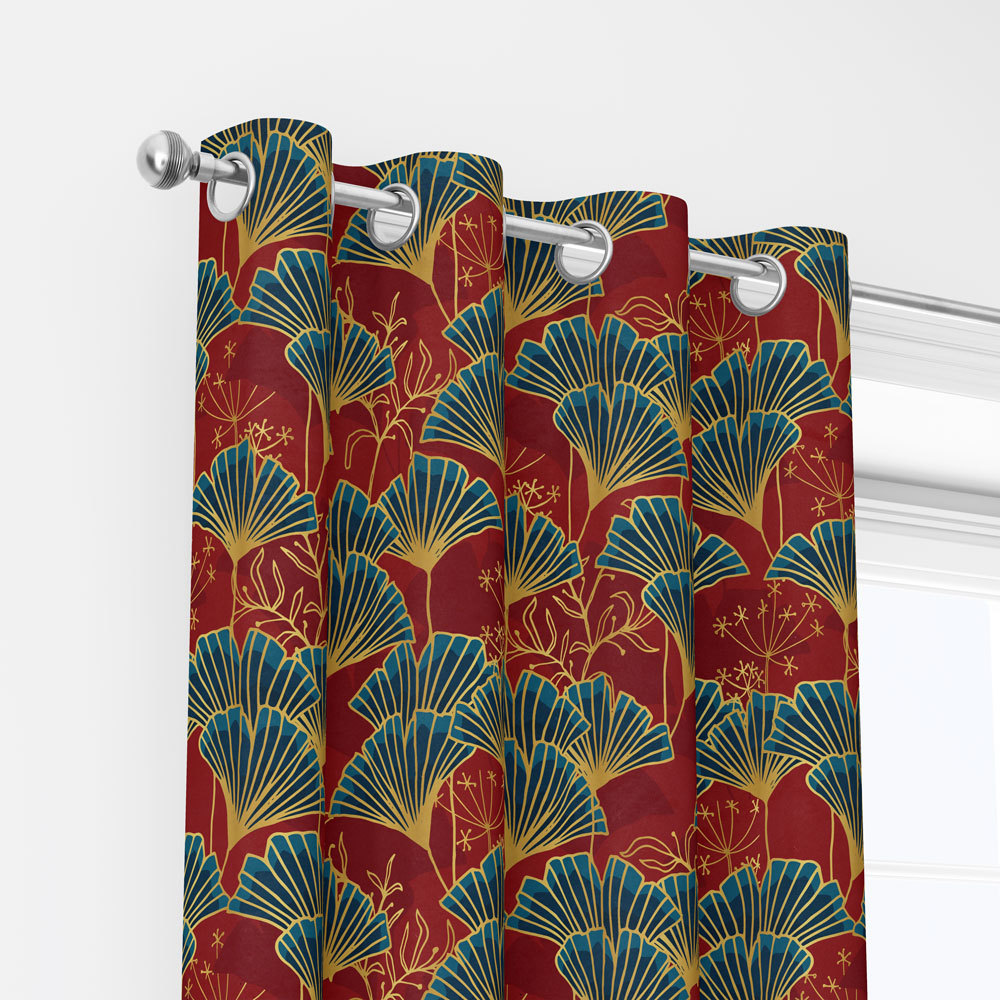 Curtain – Blue Ginkgo Leaves with Gold Outline on Red Background