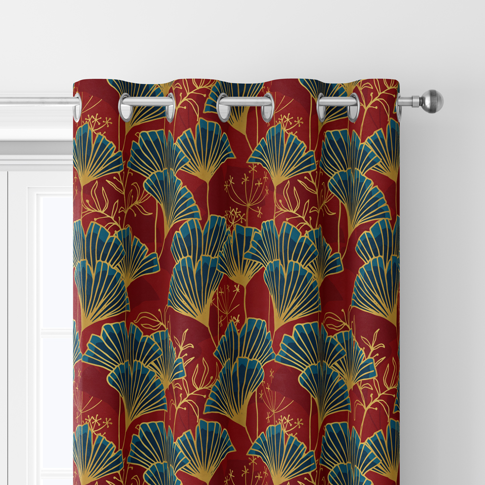 Curtain – Blue Ginkgo Leaves with Gold Outline on Red Background