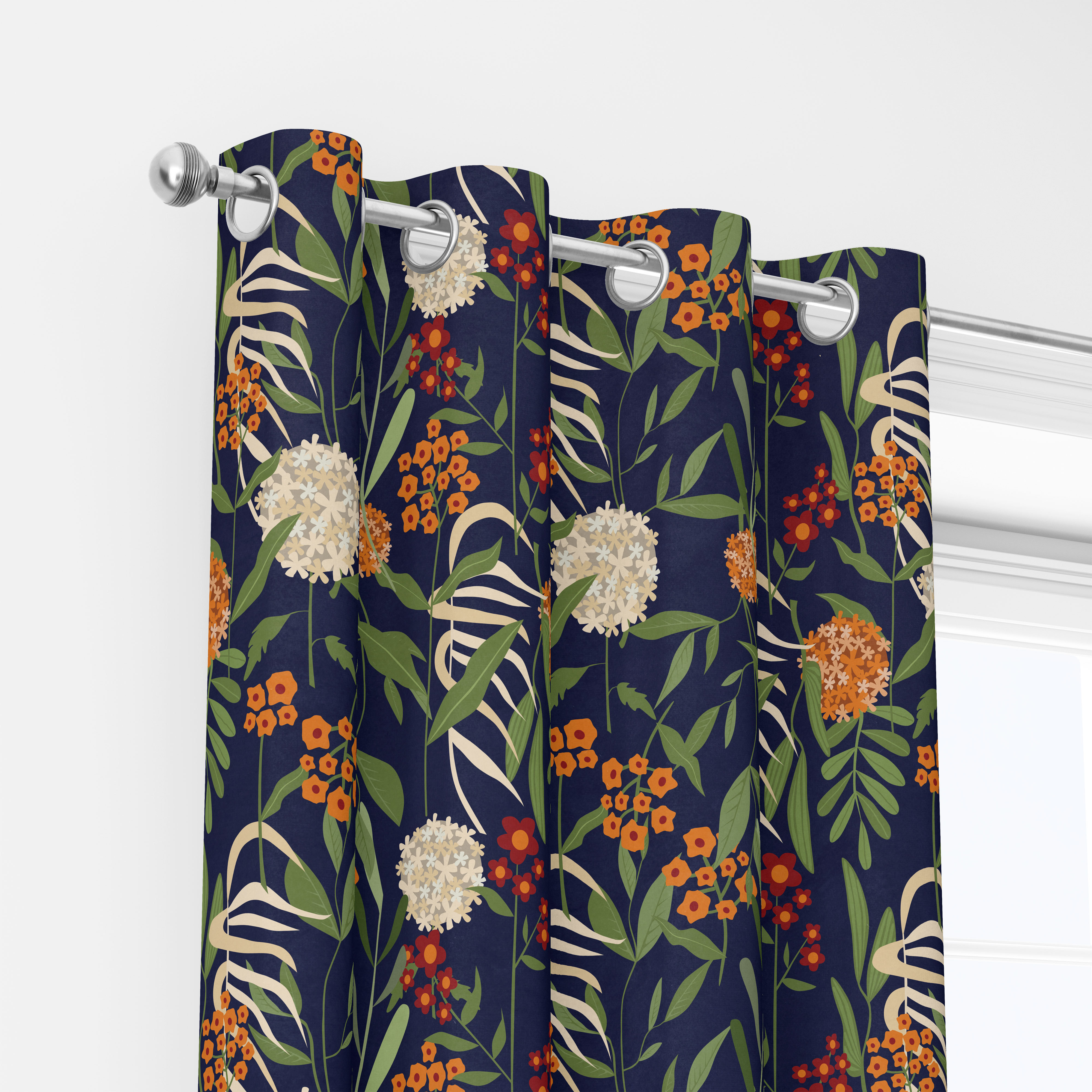 Curtain – Abstract Vintage Liberty Floral Fabric with Botanical Green Leaves Spherical Flowers & Little Floral