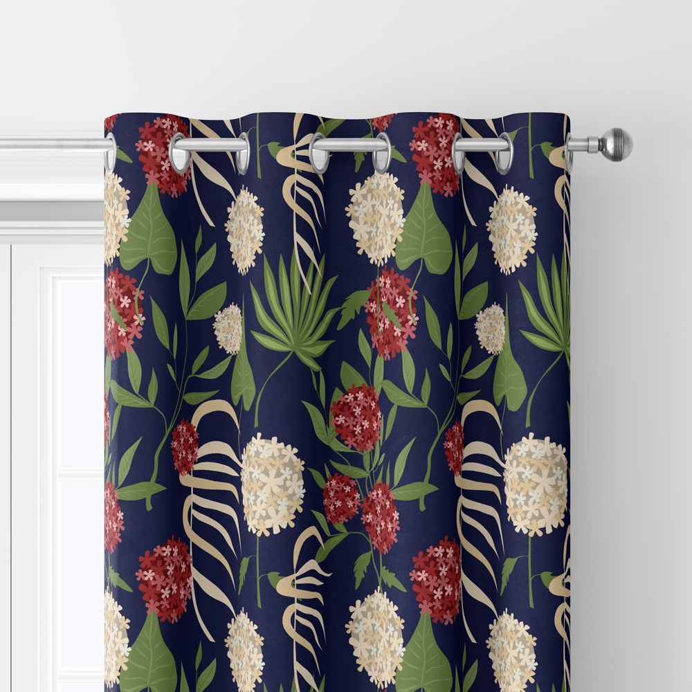 Curtain – Vintage Liberty Floral Fabric with Modern Botanical Floral Green Leaves & Spherical Flowers