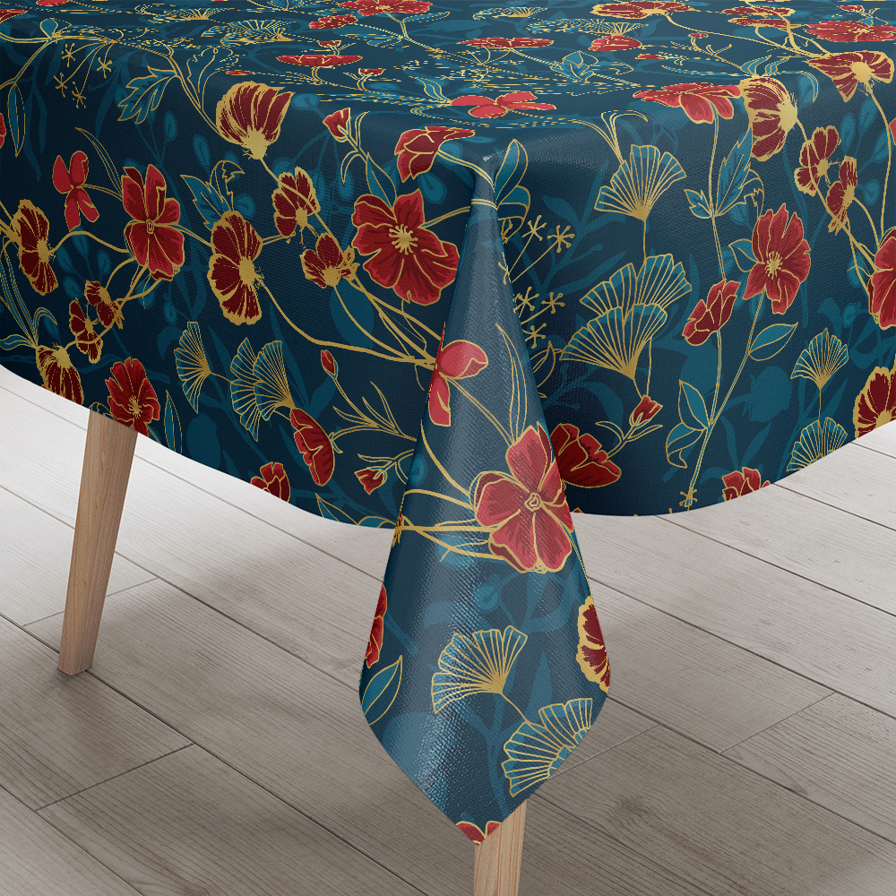 Tablecloth – Vintage Liberty Floral Print with Ornamental Red Blue and Gold Botanical Flowers
