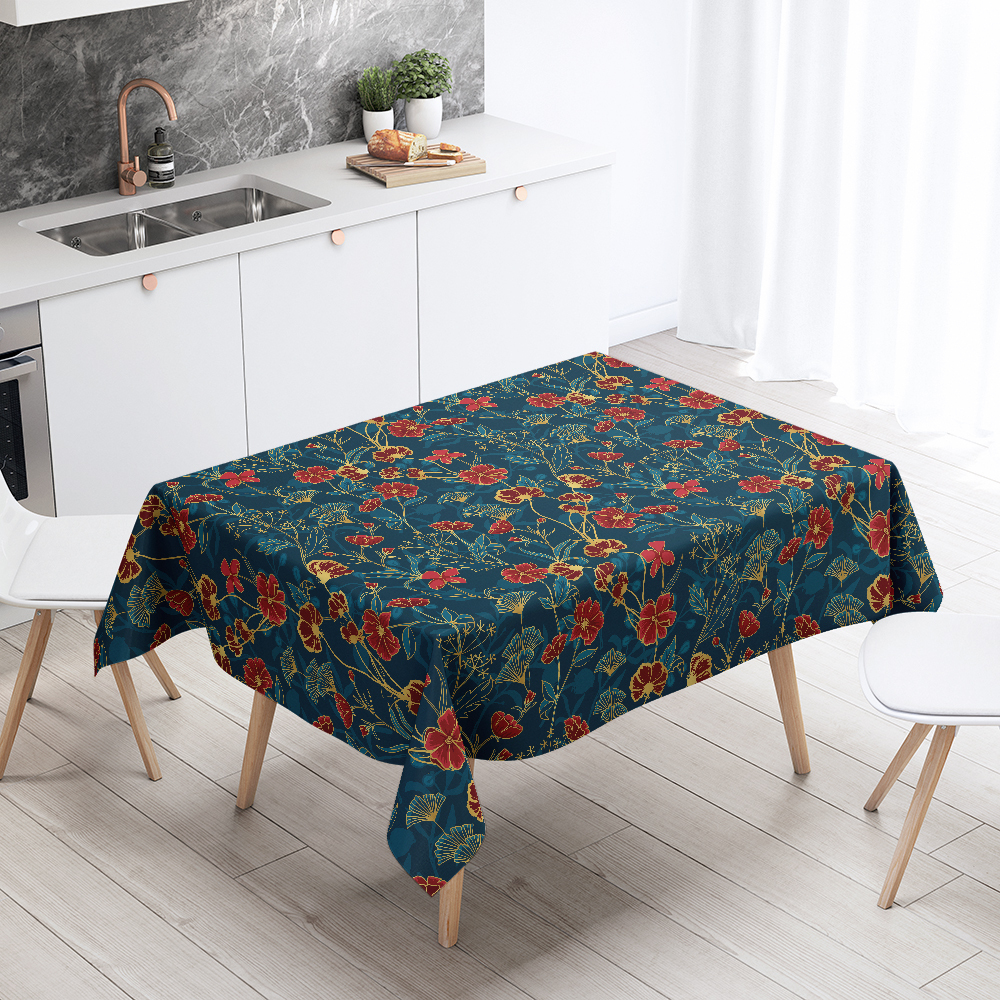 Tablecloth – Vintage Liberty Floral Print with Ornamental Red Blue and Gold Botanical Flowers