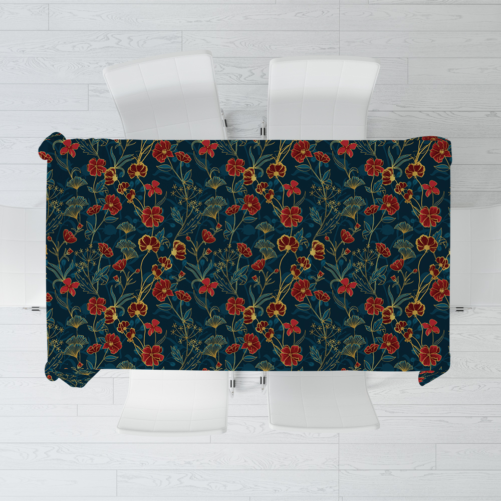 Tablecloth – Vintage Liberty Floral Print with Ornamental Red Blue and Gold Botanical Flowers