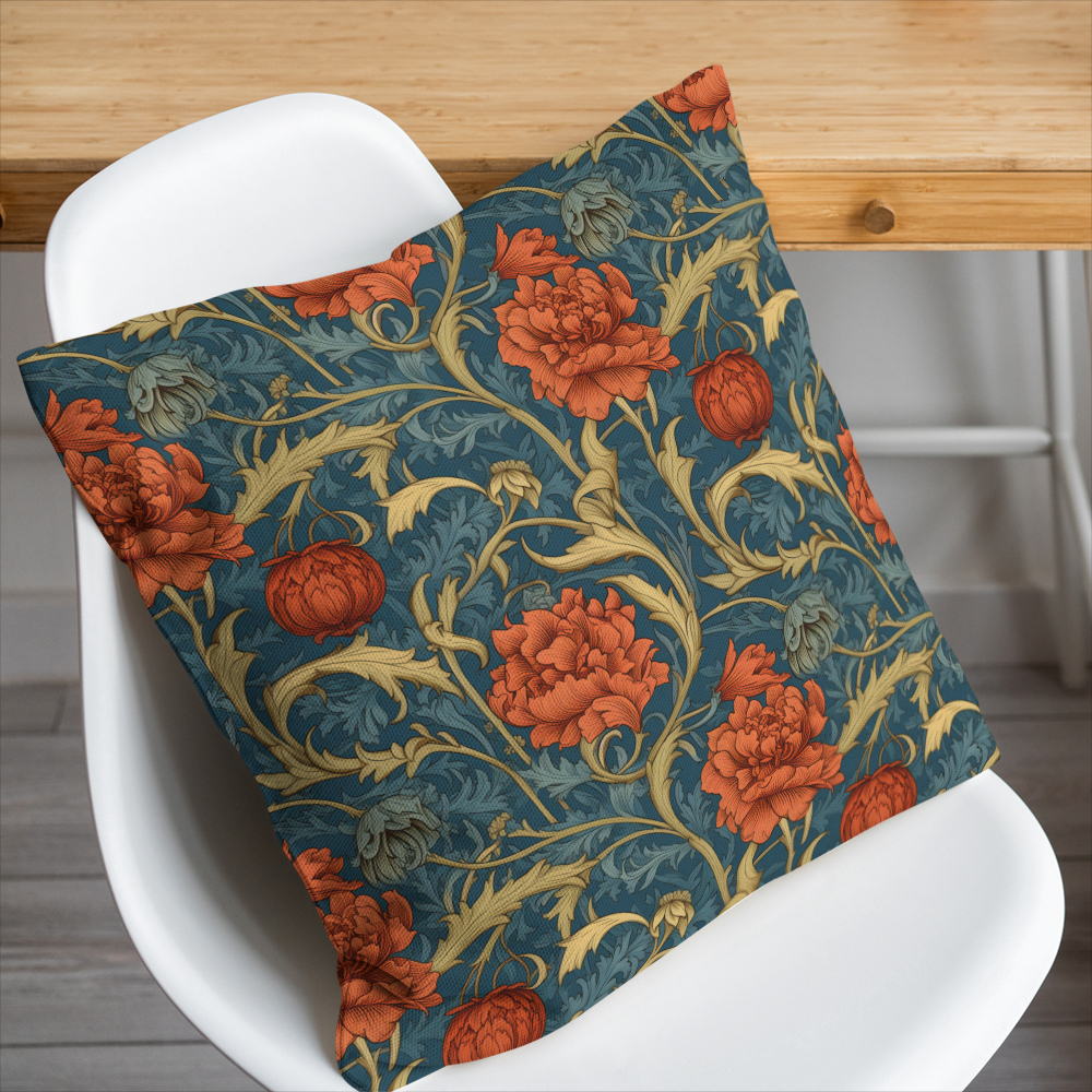 Throw Pillow – William Morris Beautiful Liberty Floral Pattern With Lush Orange Blossoms, Golden Yellow, And Blue Foliage