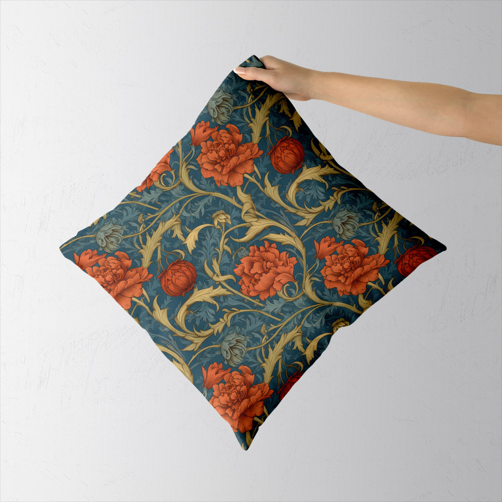 Throw Pillow – William Morris Beautiful Liberty Floral Pattern With Lush Orange Blossoms, Golden Yellow, And Blue Foliage