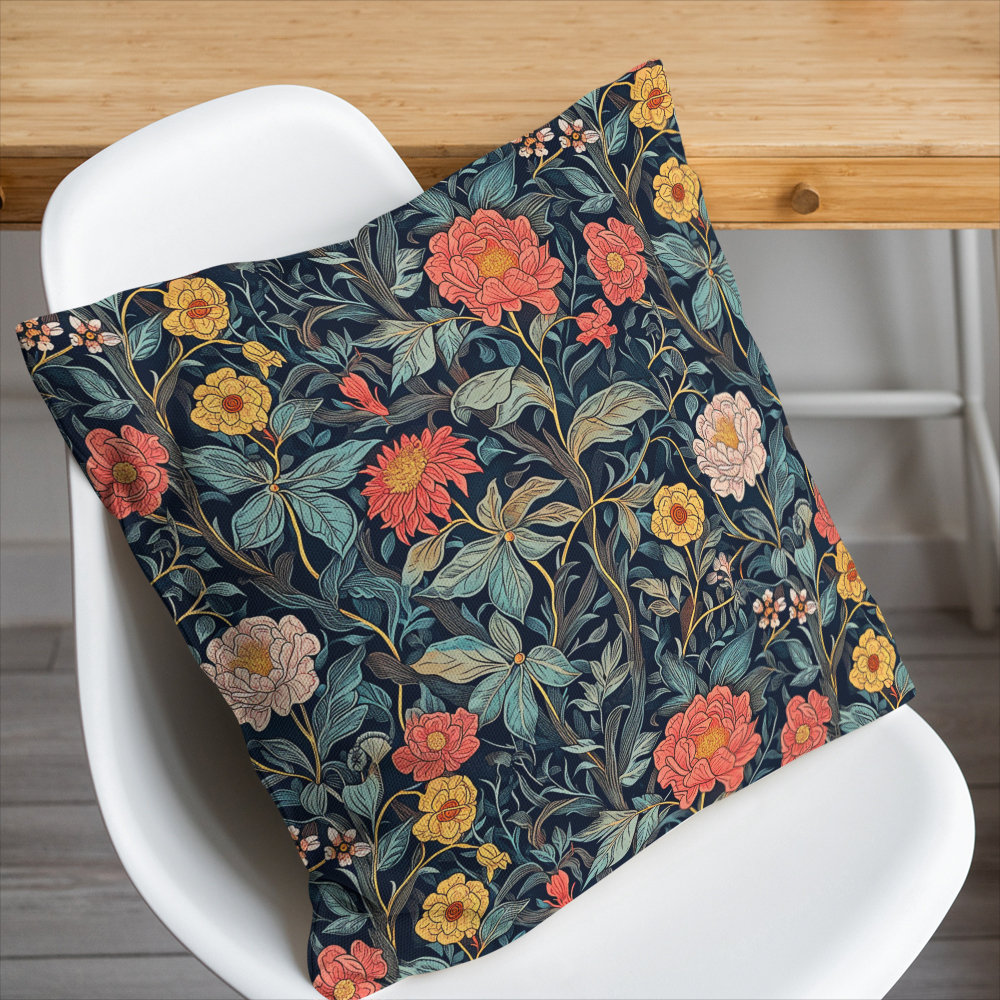 Throw Pillow – William Morris-Inspired Charming Colored Flowers And Leaves Pattern