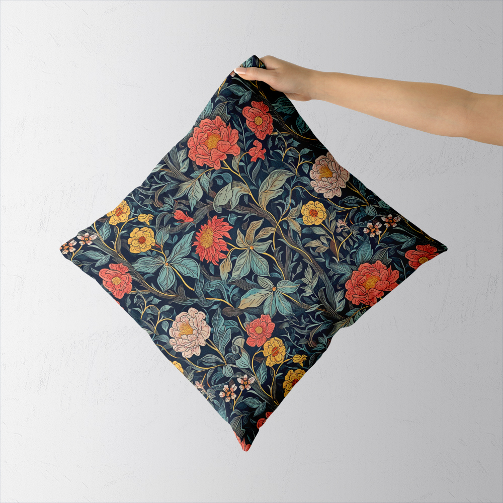 Throw Pillow – William Morris-Inspired Charming Colored Flowers And Leaves Pattern