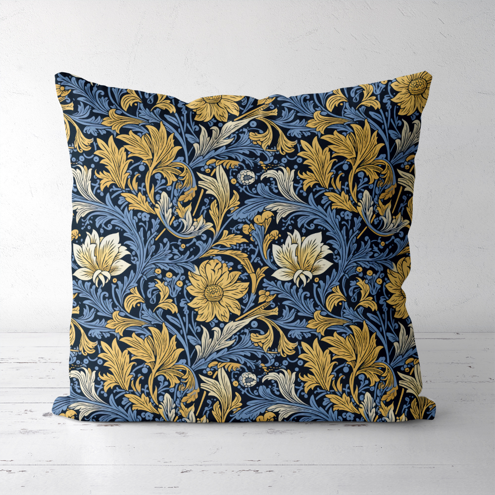 Throw Pillow – William Morris Vintage Aristocratic Vibe of Liberty Floral With Golden Yellow Flowers And Blue-Gray Leaves