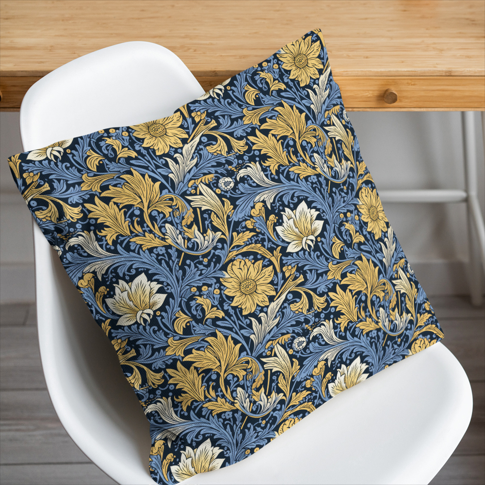 Throw Pillow – William Morris Vintage Aristocratic Vibe of Liberty Floral With Golden Yellow Flowers And Blue-Gray Leaves