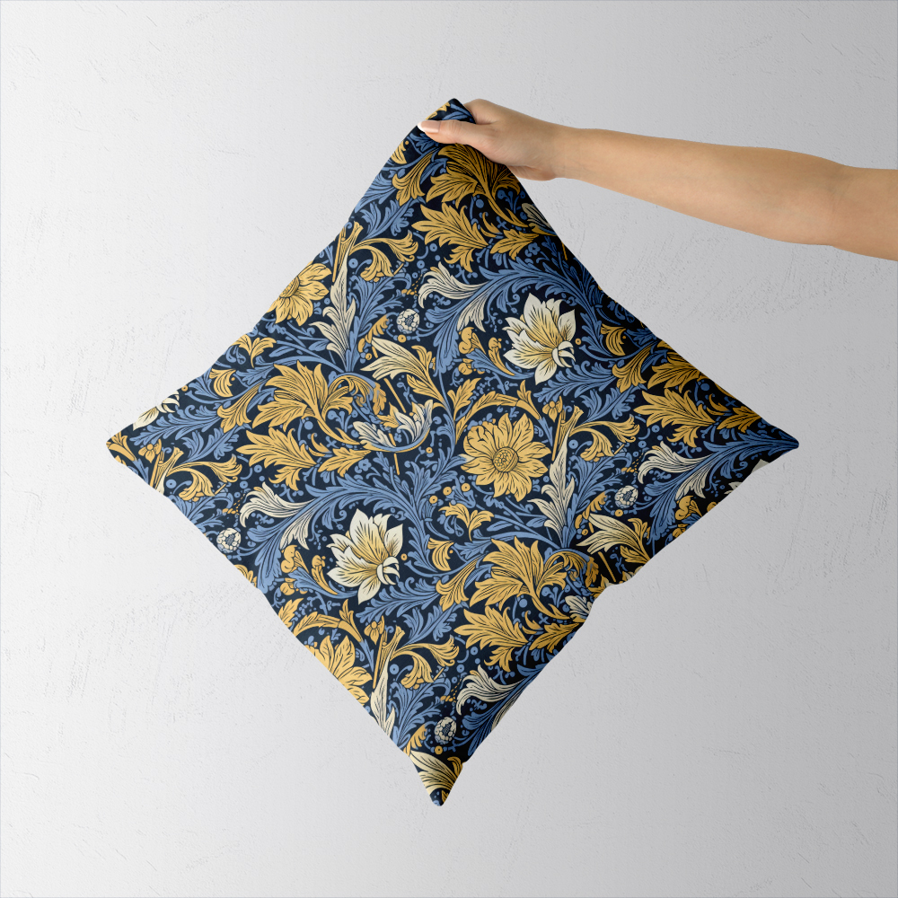 Throw Pillow – William Morris Vintage Aristocratic Vibe of Liberty Floral With Golden Yellow Flowers And Blue-Gray Leaves