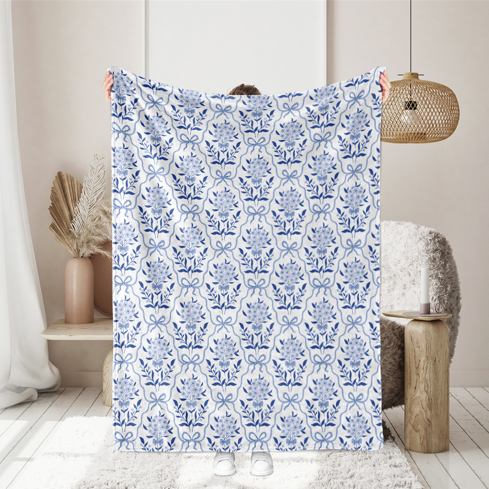Throw Blanket – Vintage Liberty Floral Print Botanical Classic Blue Bow And Flowers