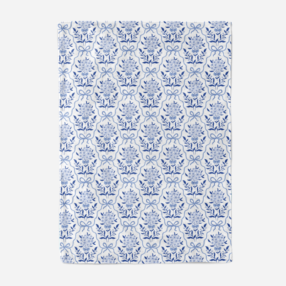 Throw Blanket – Vintage Liberty Floral Print Botanical Classic Blue Bow And Flowers