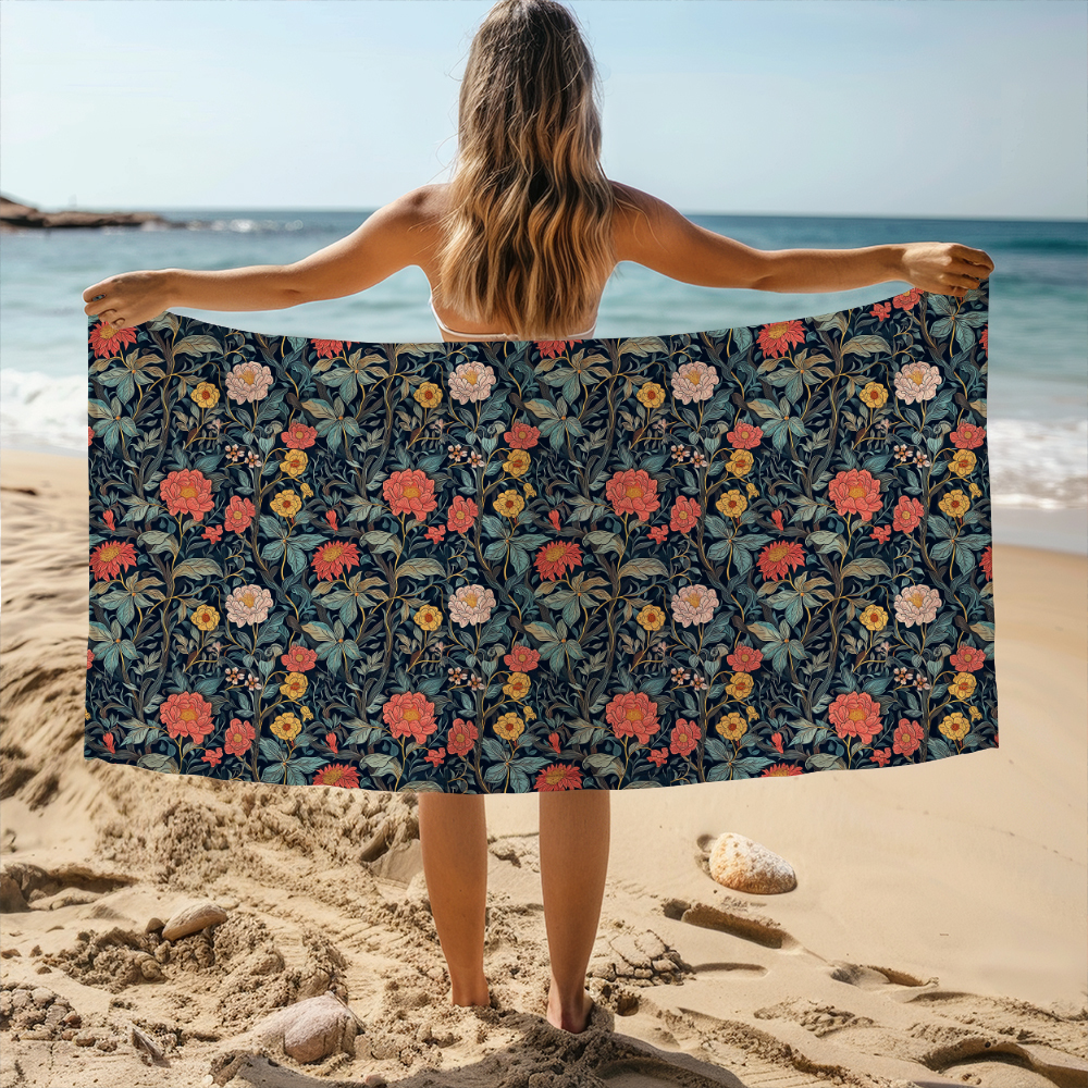 Beach Towel – William Morris-Inspired Charming Colored Flowers And Leaves Pattern