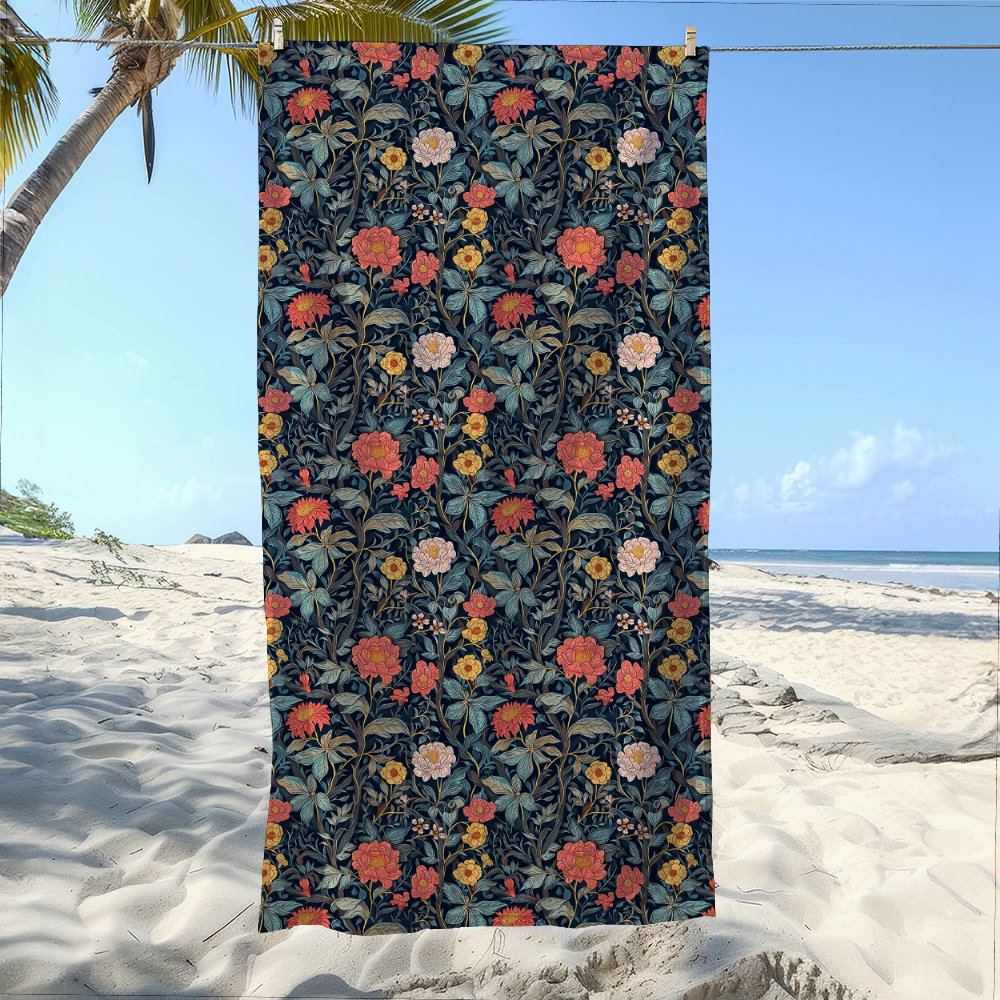 Beach Towel – William Morris-Inspired Charming Colored Flowers And Leaves Pattern