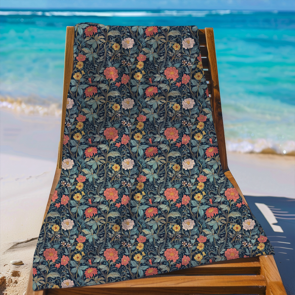 Beach Towel – William Morris-Inspired Charming Colored Flowers And Leaves Pattern