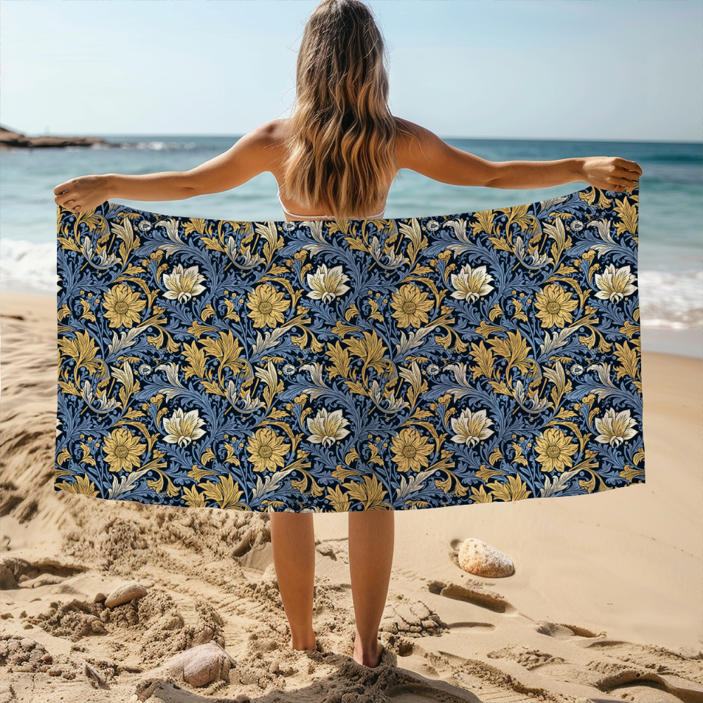 Beach Towel – William Morris-Inspired Charming Colored Flowers And Leaves Pattern