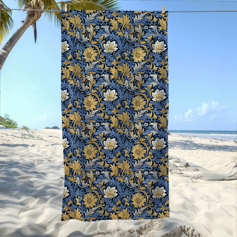 Beach Towel – William Morris-Inspired Charming Colored Flowers And Leaves Pattern
