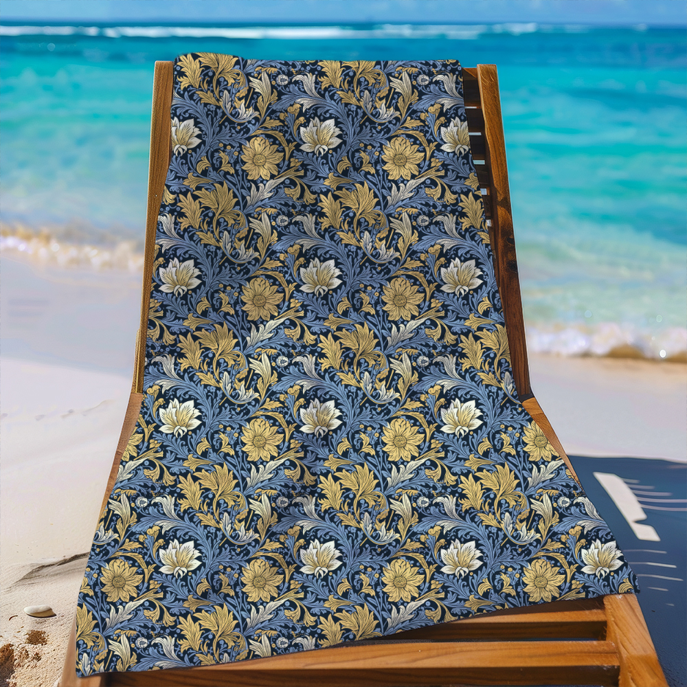 Beach Towel – William Morris Vintage Aristocratic Vibe of Liberty Floral With Golden Yellow Flowers And Blue-Gray Leaves