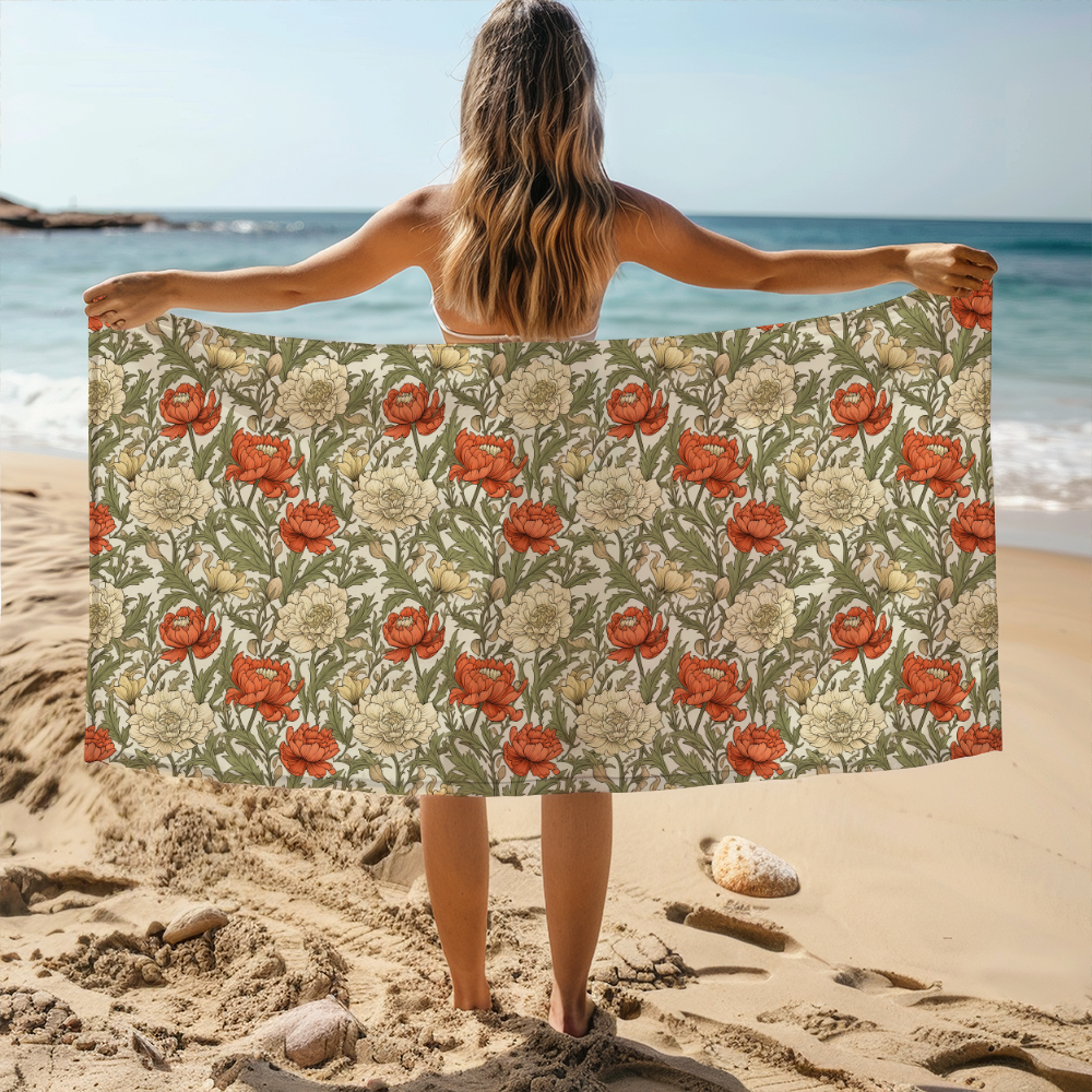 Beach Towel – William Morris Vintage Liberty Floral Pattern With Pale Green Leaves