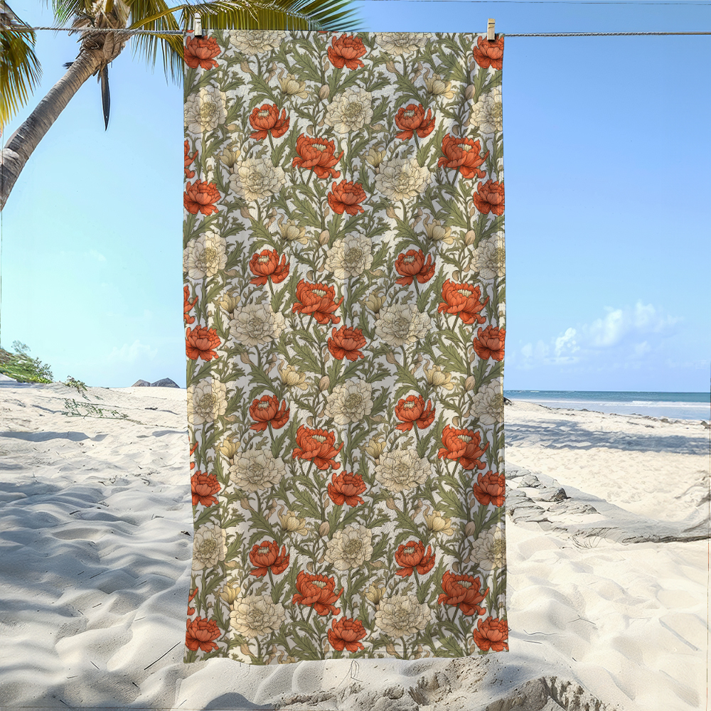 Beach Towel – William Morris Vintage Liberty Floral Pattern With Pale Green Leaves