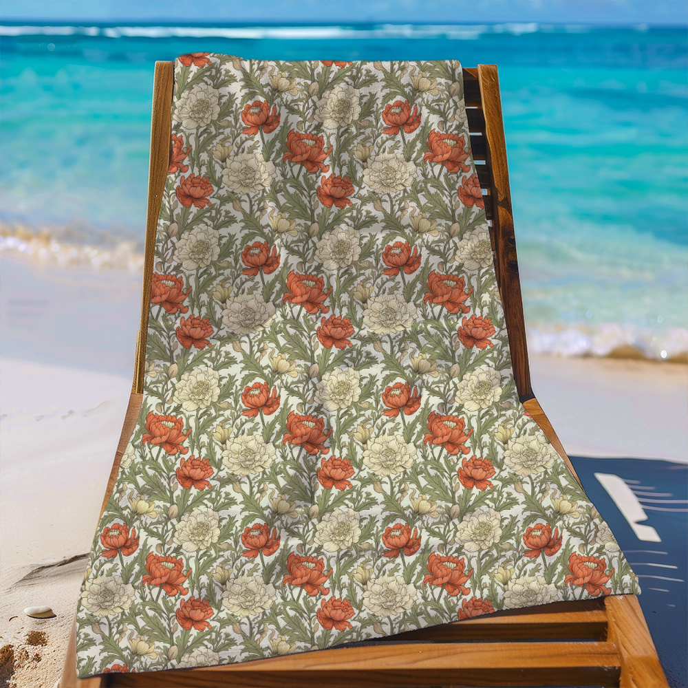 Beach Towel – William Morris Vintage Liberty Floral Pattern With Pale Green Leaves