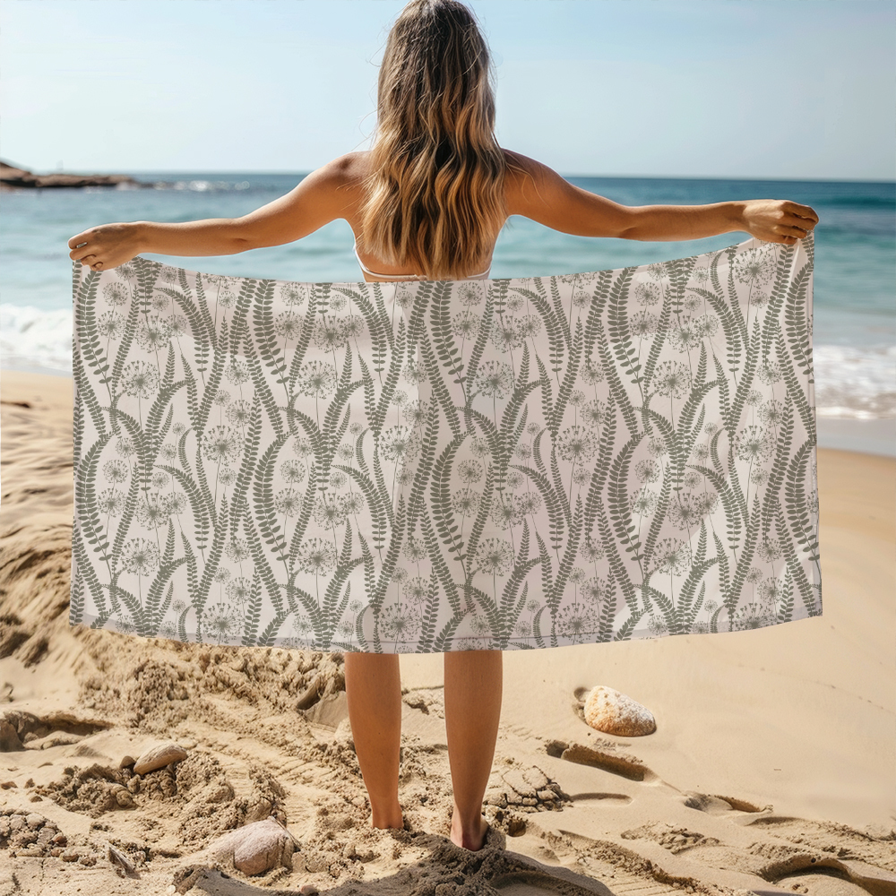 Beach Towel – Vintage Floral With Wild Plant Silhouettes Pattern